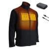 Schwarze beheizbare Softshelljacke mit integrierten Heizflächen im Brustbereich, inklusive Powerbank und USB-Ladekabel.