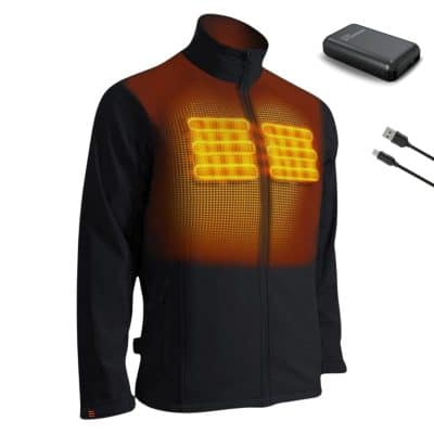 Schwarze beheizbare Softshelljacke mit integrierten Heizflächen im Brustbereich, inklusive Powerbank und USB-Ladekabel.