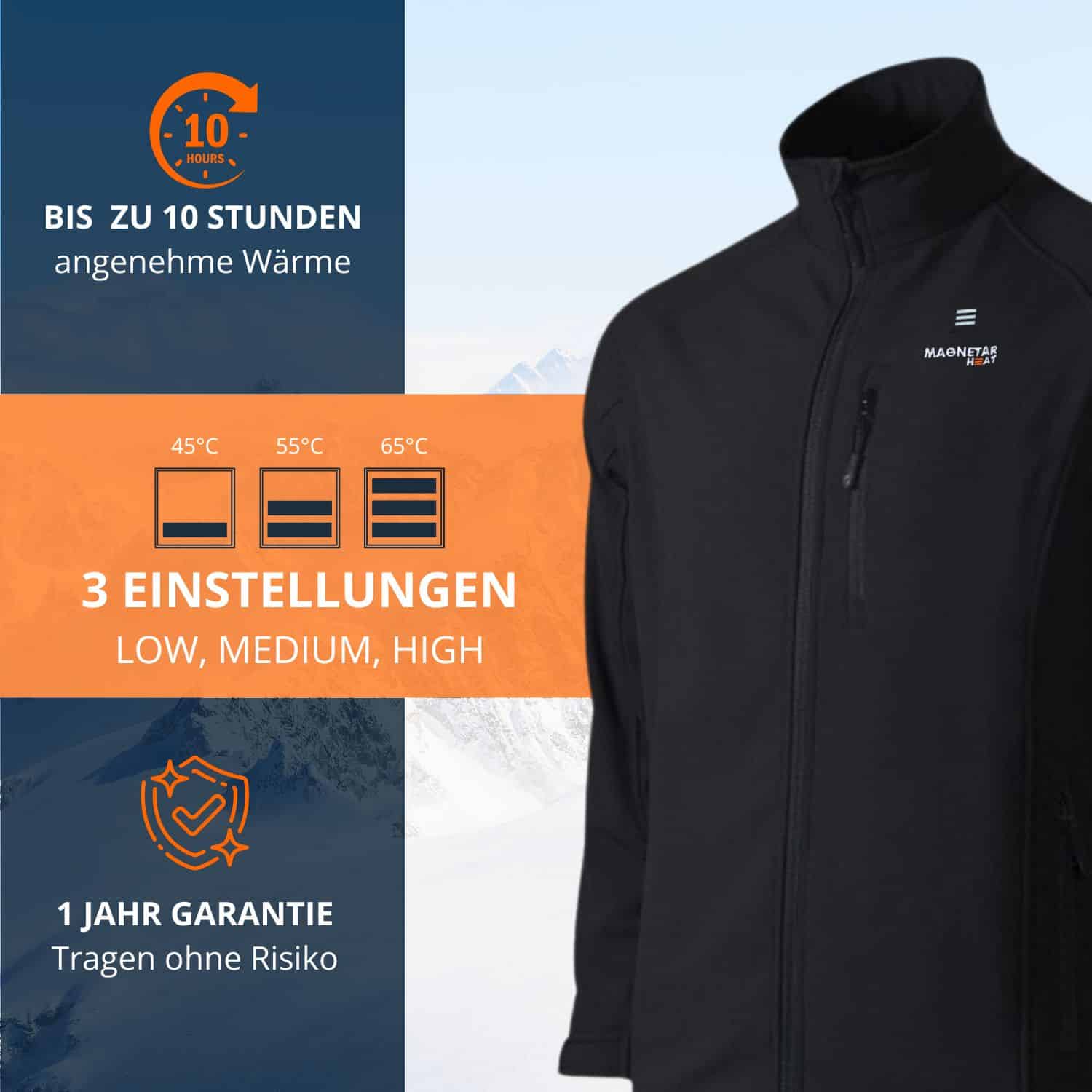 Beheizbare Softshelljacke in Schwarz mit drei Heizstufen bis 65°C, bis zu 10 Stunden Wärme und 1 Jahr Garantie.