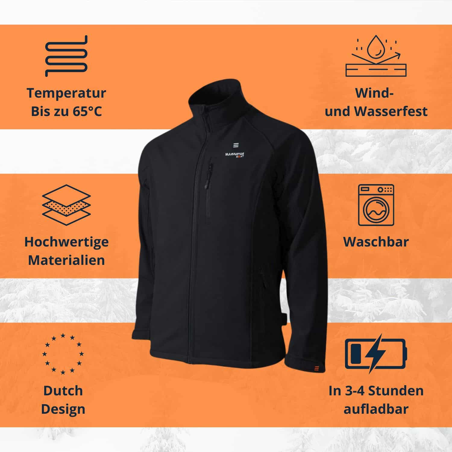 Schwarze beheizbare Softshelljacke mit bis zu 65°C Wärme, wind- und wasserfest, waschbar und in 3–4 Stunden aufladbar.