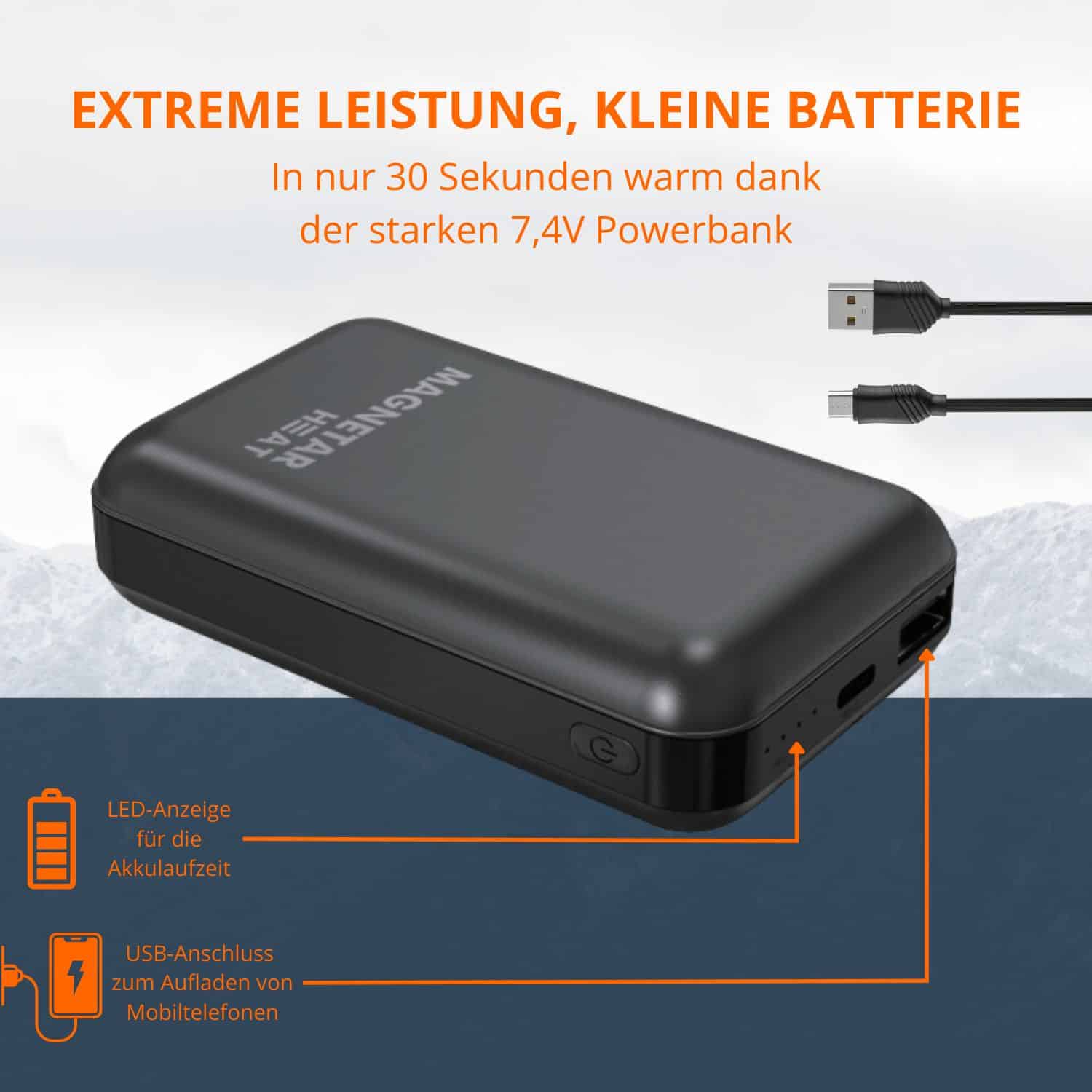 Kompakte 7,4V Powerbank mit USB-Anschluss und LED-Anzeige, ideal zum schnellen Aufheizen beheizbarer Kleidung.