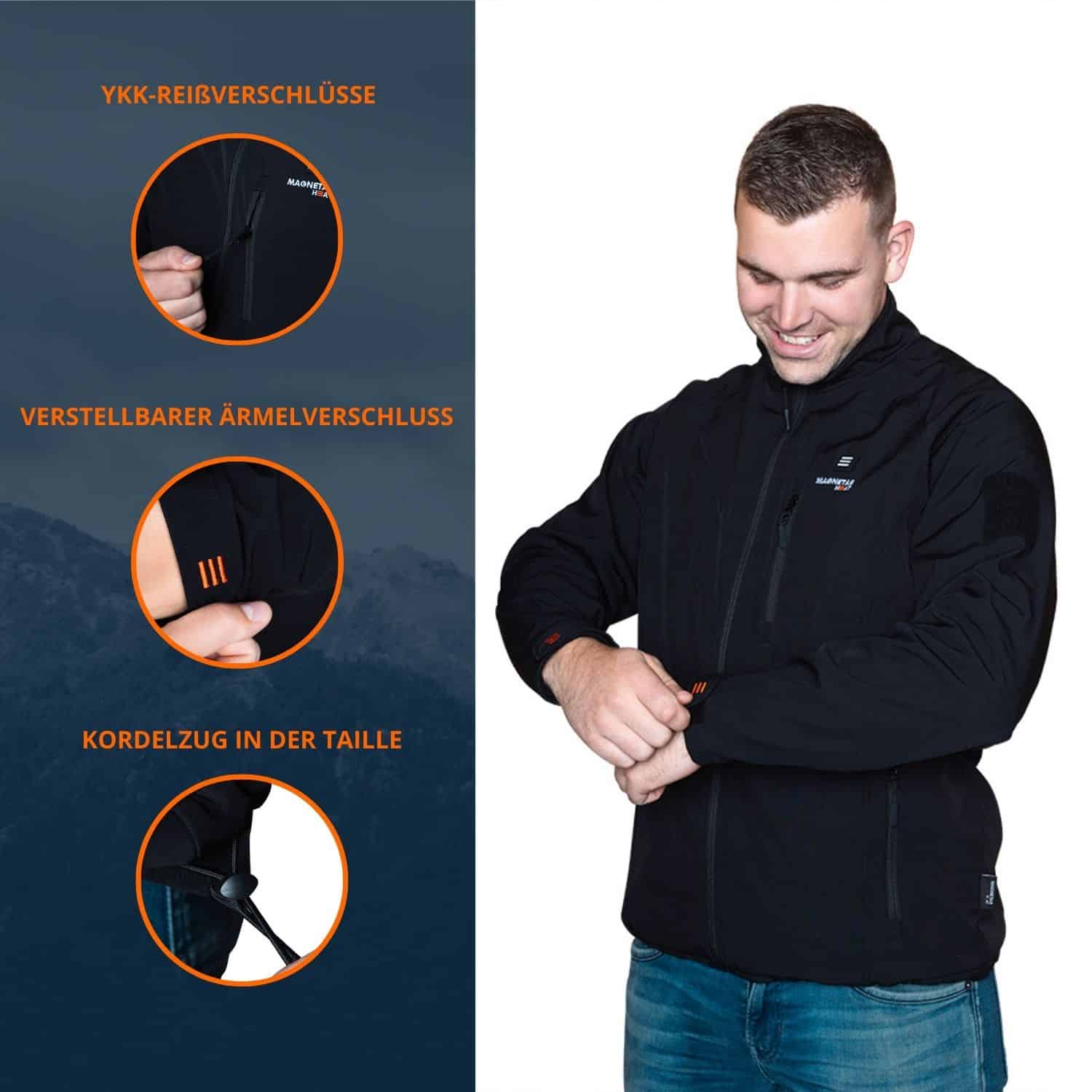 Herren-Softshelljacke mit Magnetar Heat, ausgestattet mit YKK-Reißverschlüssen, verstellbarem Ärmelverschluss und Kordelzug in der Taille.