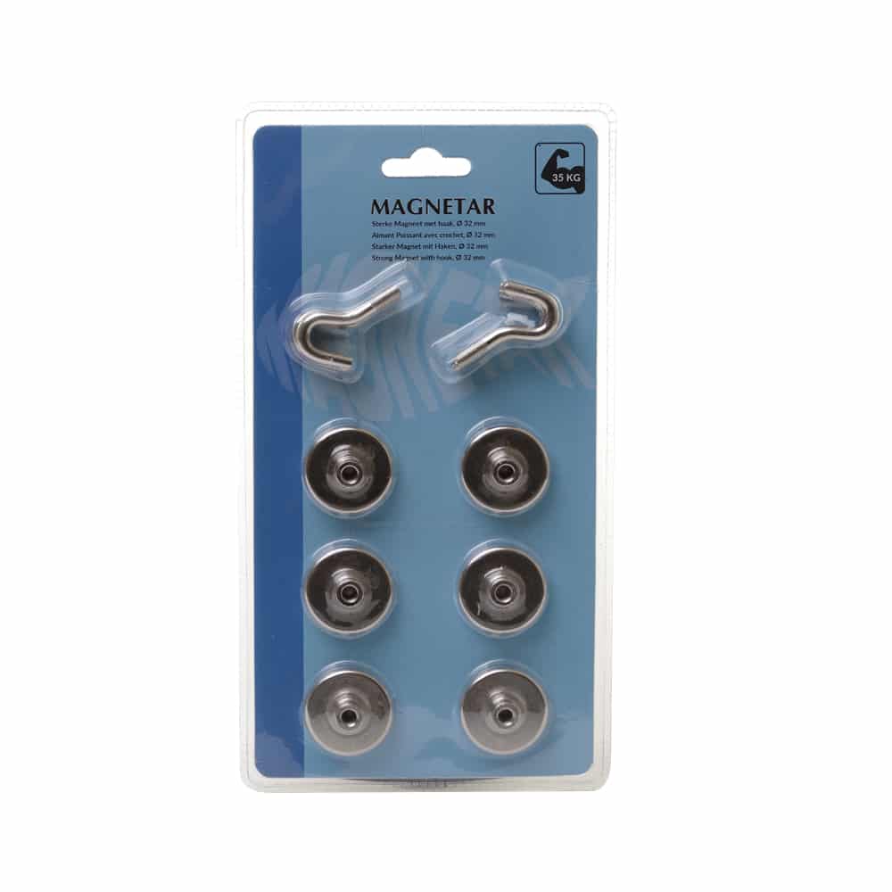 Set mit 6 starken Neodym-Topfmagneten Ø32 mm und 2 Hakenaufsätzen, praktische Blisterverpackung für Haushalt und Werkstatt.