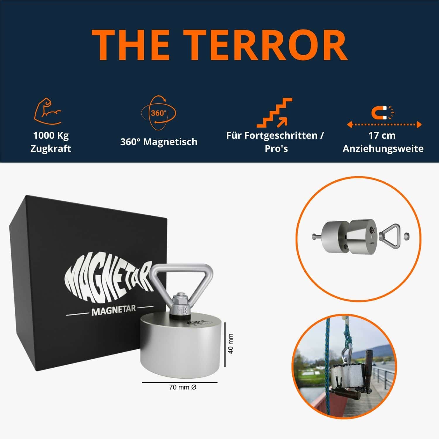 Runder Terror 360° Neodym-Bergemagnet mit 1000 kg Zugkraft, Produktfoto für fortgeschrittene Magnetfischer.