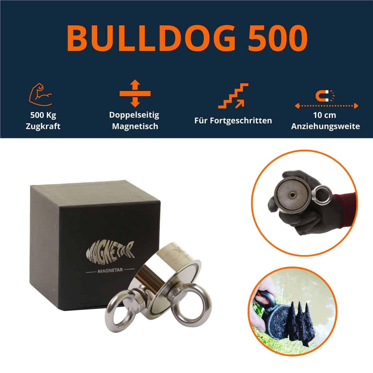 Doppelseitiger Neodym-Bergemagnet Bulldog 500 mit 500 kg Zugkraft, Produktfoto für fortgeschrittene Magnetfischer.