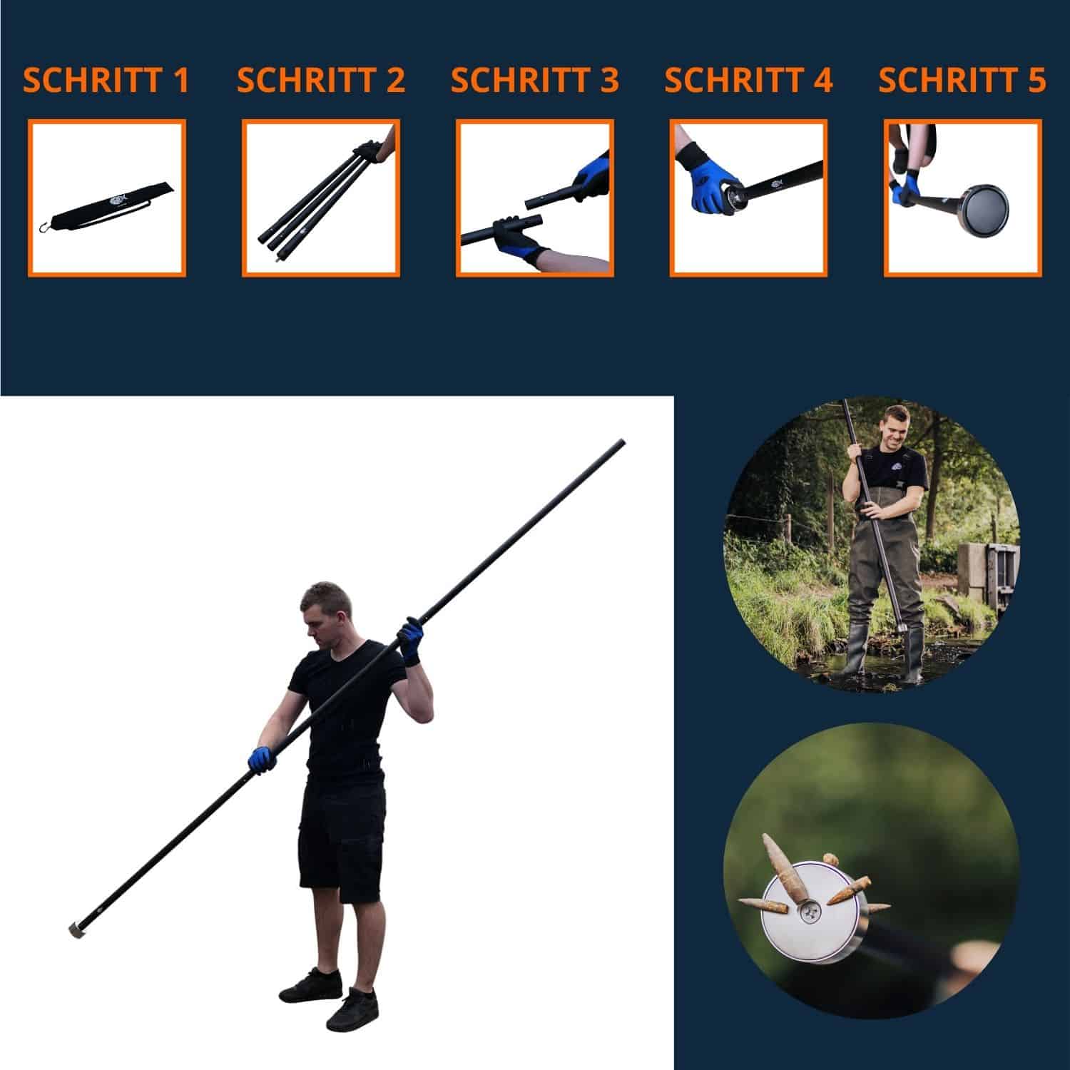 Langer Magnetstange zum Bergen von Metall aus Gewässern, Produktfoto mit Anwendungsschritten für Magnetfischer.