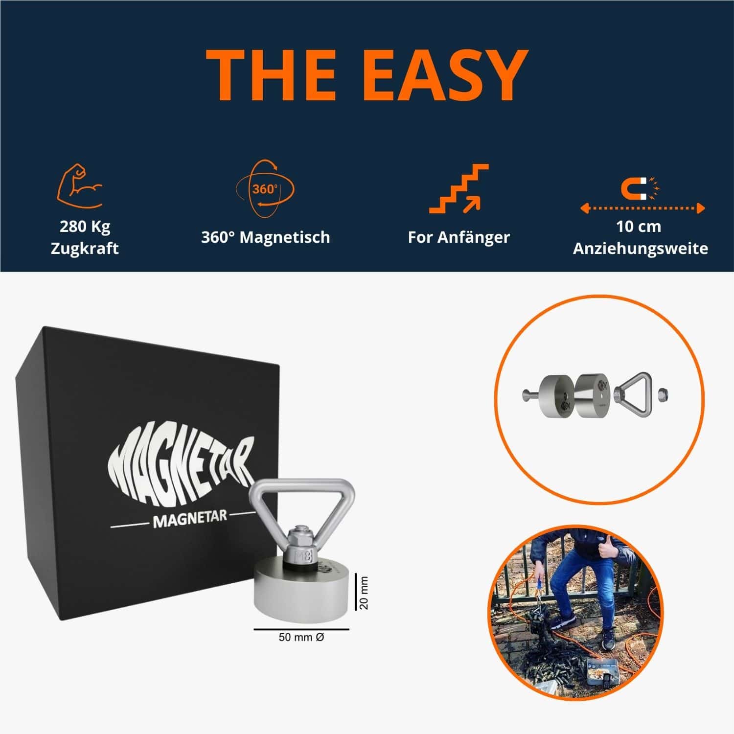 Kleiner 360° Neodym-Bergemagnet The Easy mit 280 kg Zugkraft, Produktfoto für Einsteiger ins Magnetfischen.