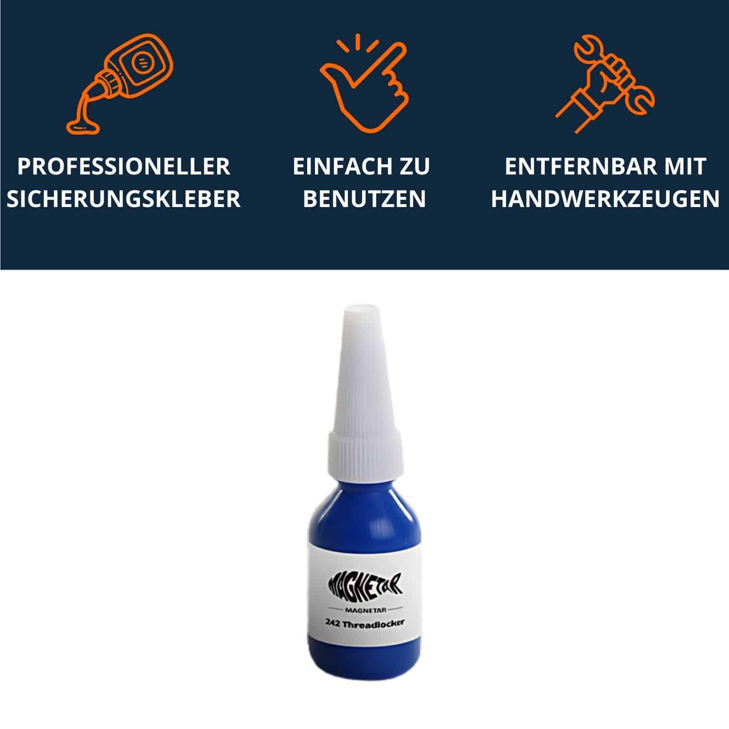 Blauer Schraubensicherungskleber für Magnetfischen-Zubehör, Produktfoto für sicheren Halt von Ösen und Gewinden.