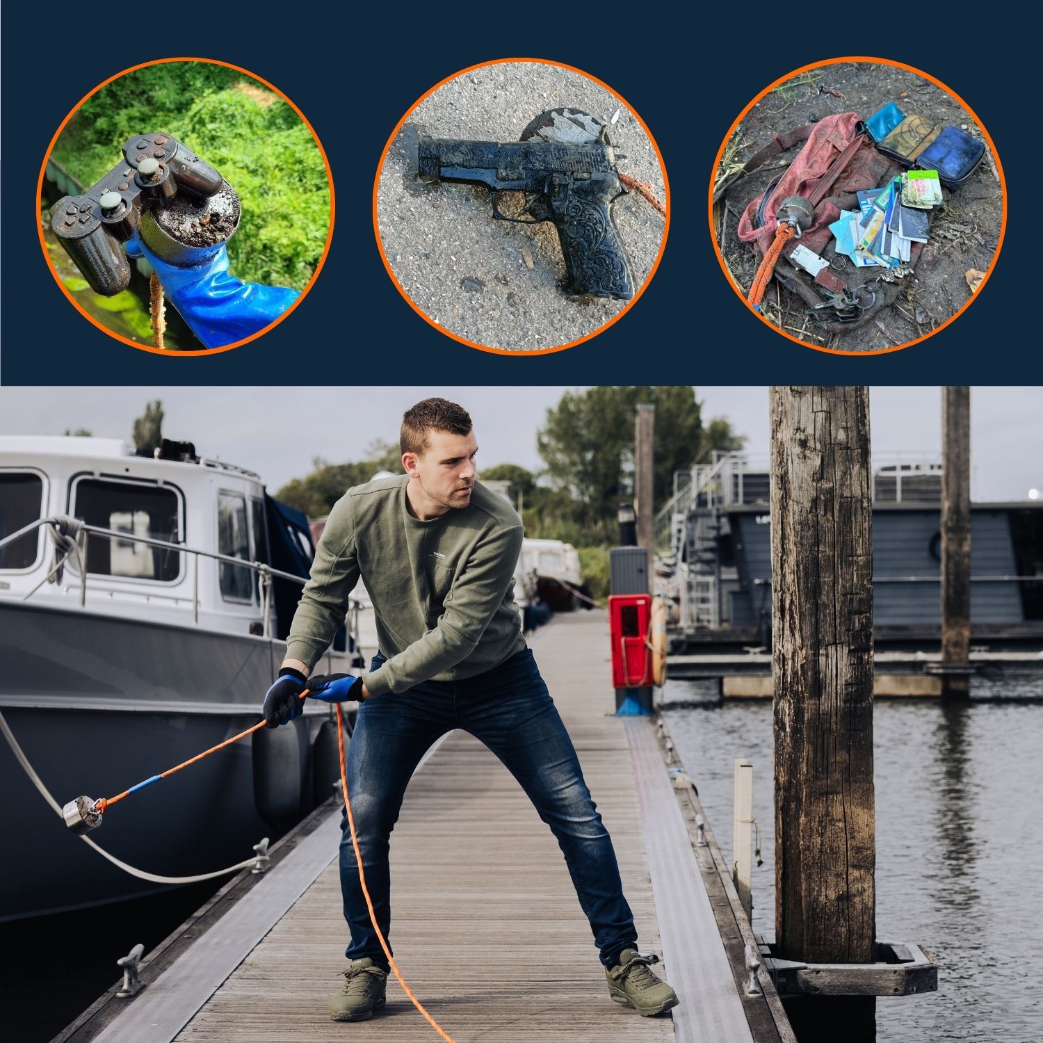 Mann beim Magnetfischen am Hafensteg mit Neodym-Bergemagnet und Seil, Lifestyleaufnahme mit typischen Funden.