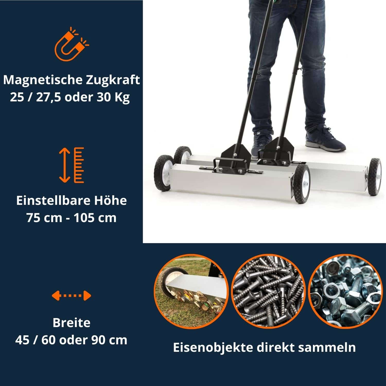Magnetbesen in verschiedenen Breiten (45, 60, 90 cm) mit 25–30 kg Zugkraft, Produktfoto für das Sammeln von Eisenobjekten.