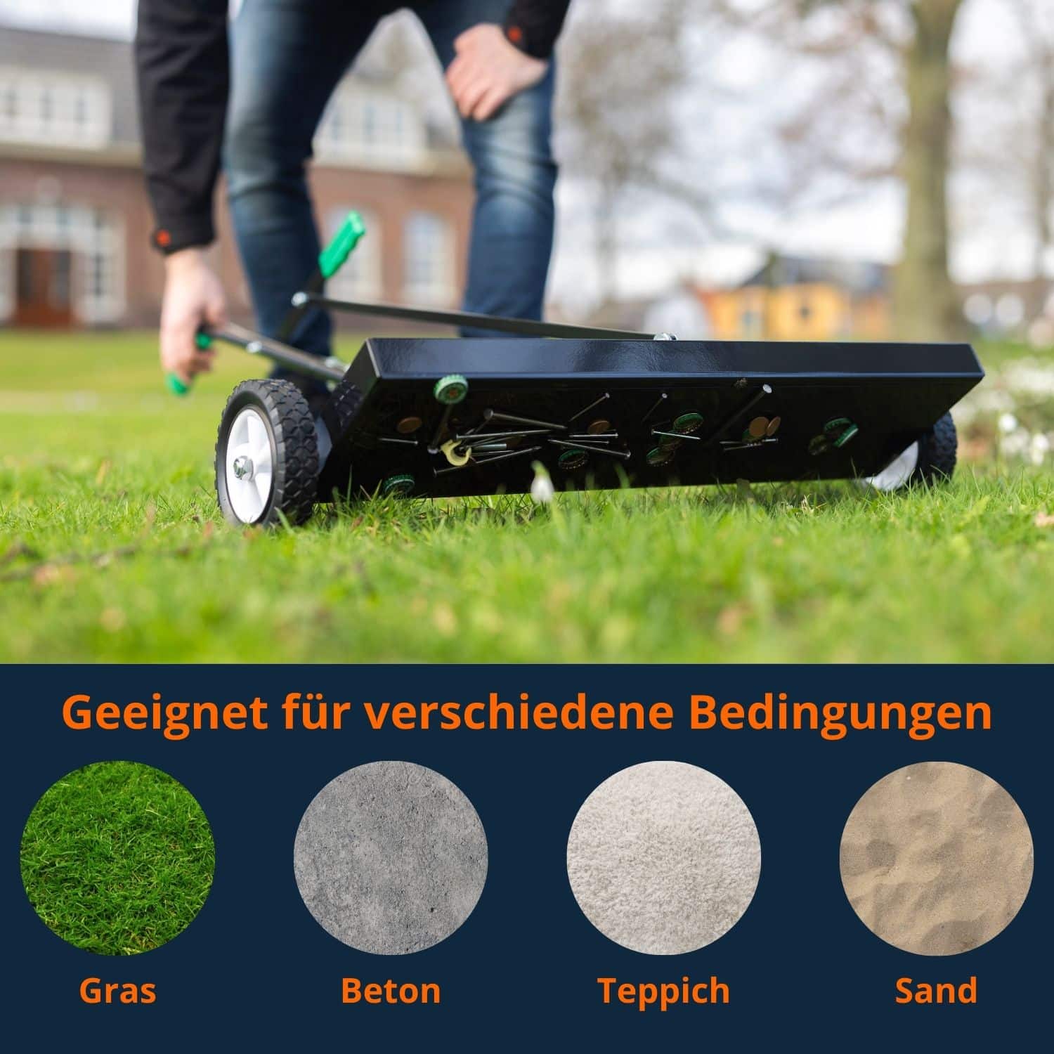 Magnetbesen 2.0 mit Neodym zum Aufsammeln von Metallteilen, Lifestylefoto geeignet für Gras, Beton, Teppich und Sand.