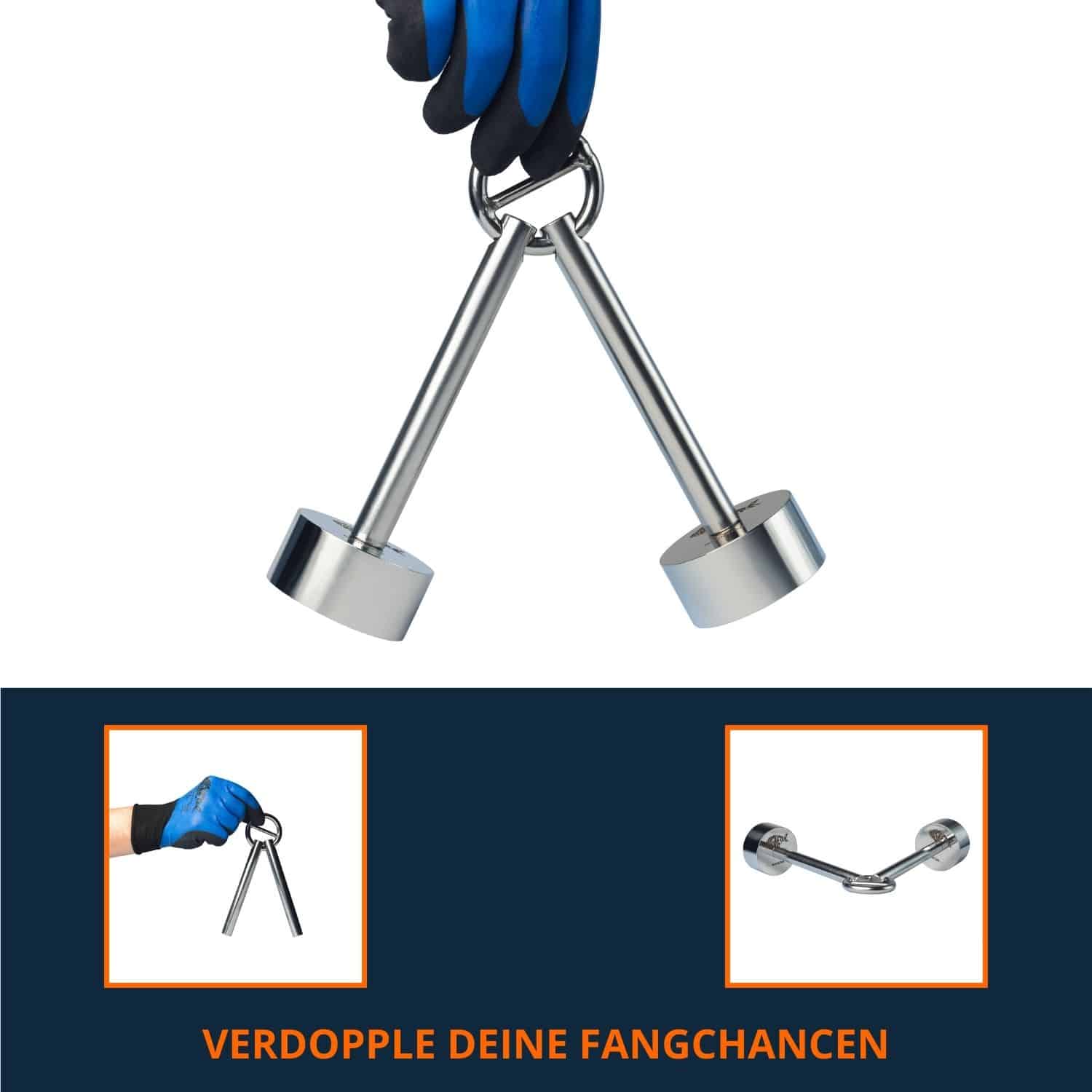 Doppelter Neodym-Bergemagnet mit zwei Zugpunkten, Produktfoto zur Maximierung der Fangchancen beim Magnetfischen.
