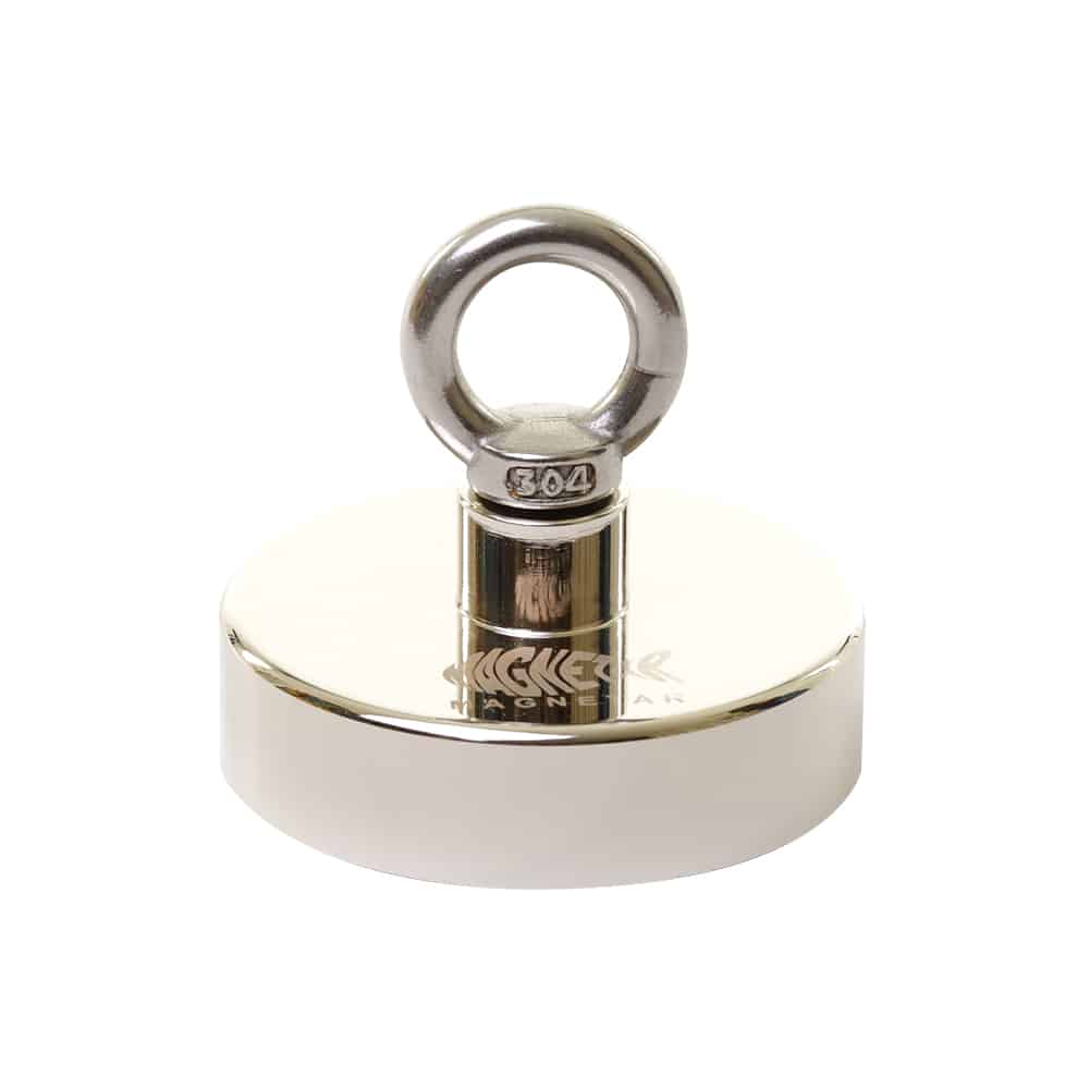 Runder Magnetar Neodym-Bergemagnet mit stabiler M10-Öse, hochglanzpoliert und extrem stark für Magnetfischen und Bergungen.