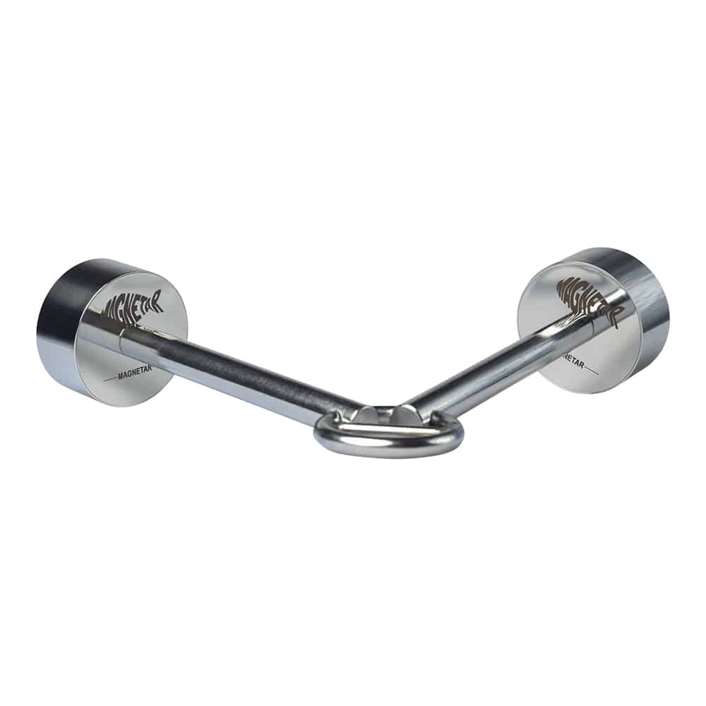 Doppel-Bergemagnet aus Edelstahl mit zwei Neodym-Magneten und stabilem Ösenring, Produktfoto, ideal zum Magnetfischen schwerer Funde.