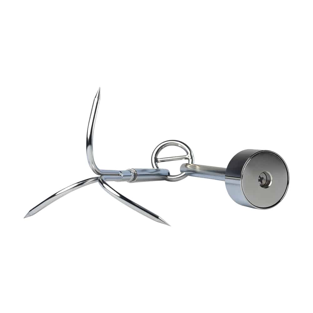 Wurfanker mit integriertem Neodym-Bergemagnet, Produktfoto aus Edelstahl, ideal zum Magnetfischen und Bergen schwerer Objekte.