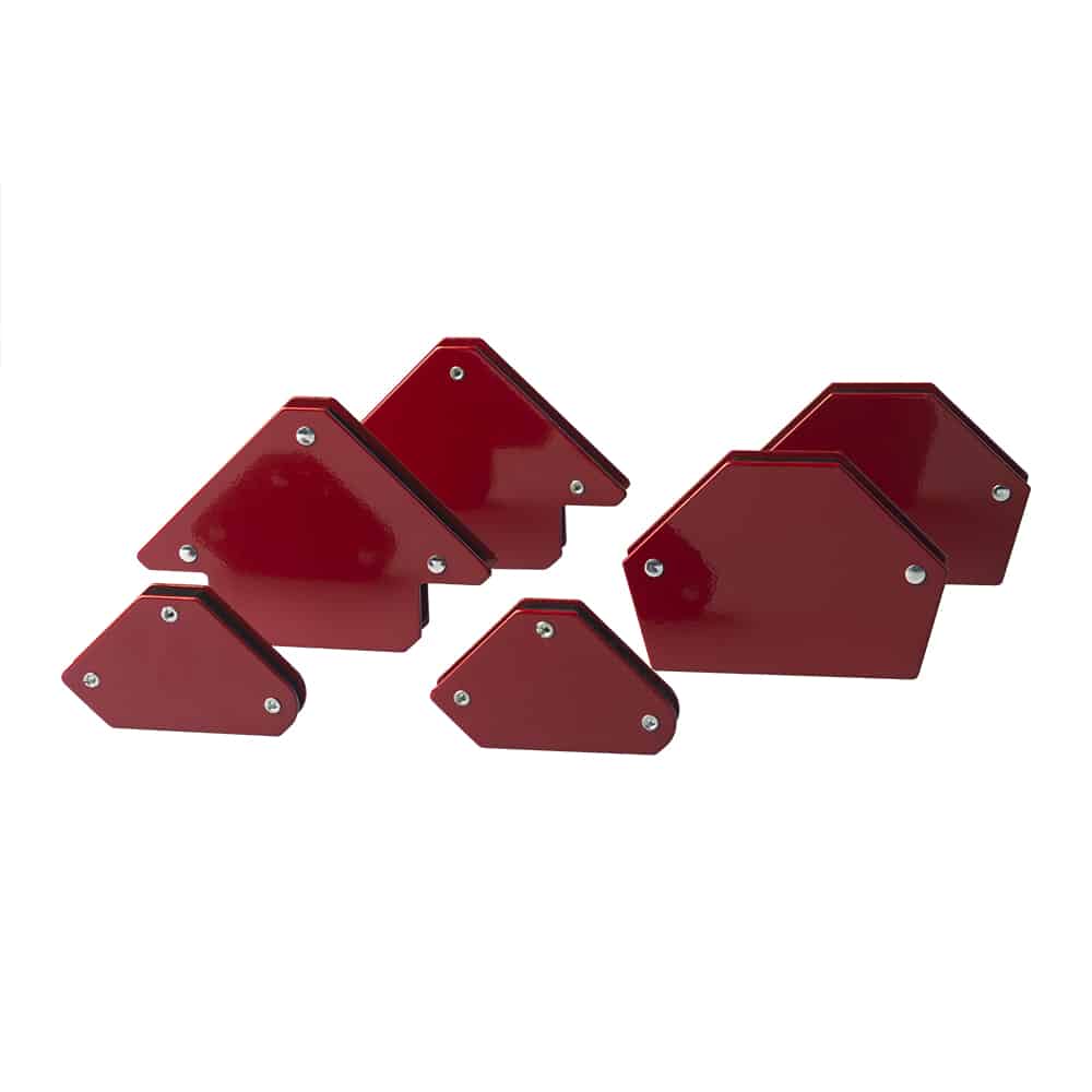 Set aus roten magnetischen Schweißwinkeln in verschiedenen Größen – ideal zum präzisen Fixieren von Metallteilen bei Schweißarbeiten.