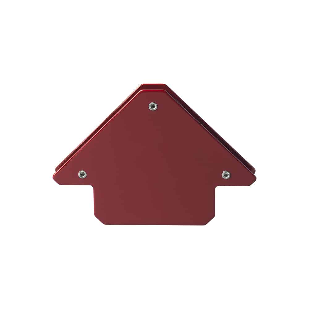 Roter magnetischer Schweißwinkel in Pfeilform – praktisches Hilfsmittel zum Fixieren von Metallteilen in verschiedenen Winkeln.