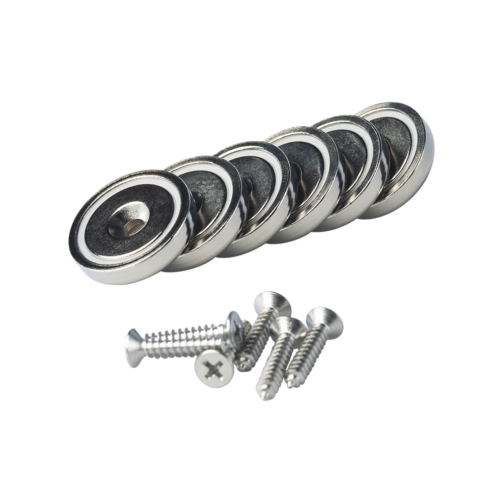 Set aus sechs runden Neodym-Topfmagneten mit Senkbohrung und Schrauben – starke Haltemagnete für vielseitige Befestigungen.