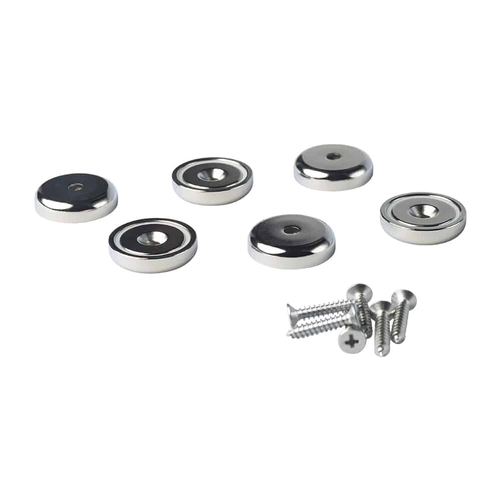 Set aus runden Neodym-Topfmagneten mit Senkbohrung und passenden Schrauben – ideal für starke Befestigungen im Haushalt und in der Werkstatt.