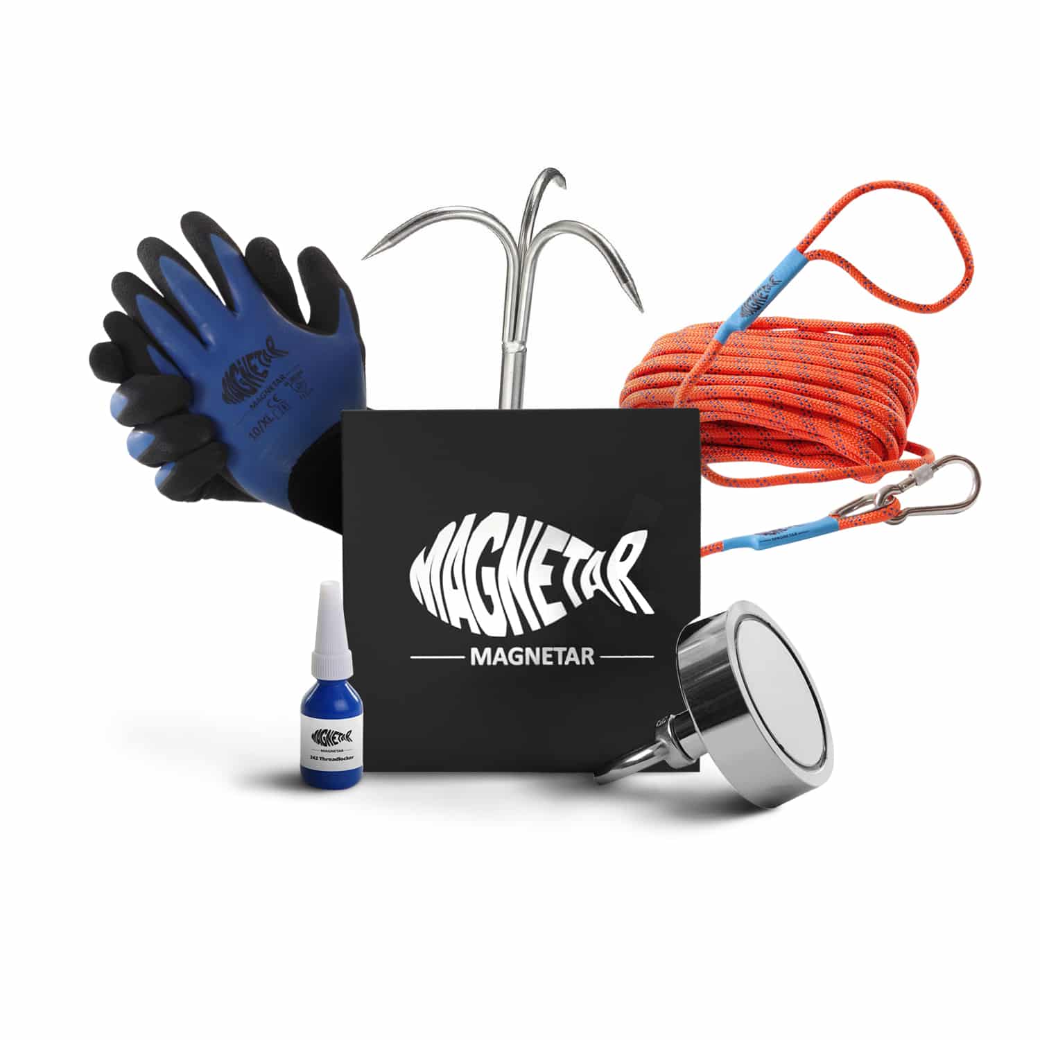 Magnetfischen Set mit starkem Neodym-Magnet, 4-Zinken-Haken, 20 m Seil, Handschuhen und Zubehör – ideal für Hobby-Schatzsucher.