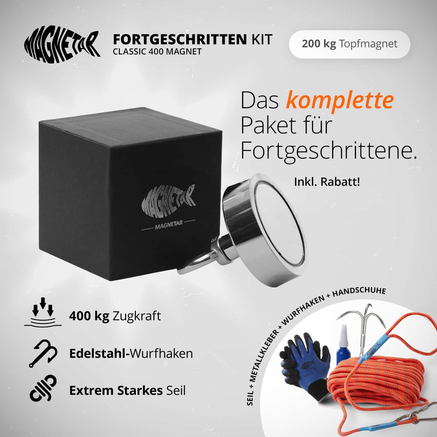 Fortgeschritten Kit mit 400 kg Topfmagnet, Edelstahl-Wurfhaken, starkem Seil, Handschuhen und Zubehör – ideales Magnetfischen Set für erfahrene Nutzer.