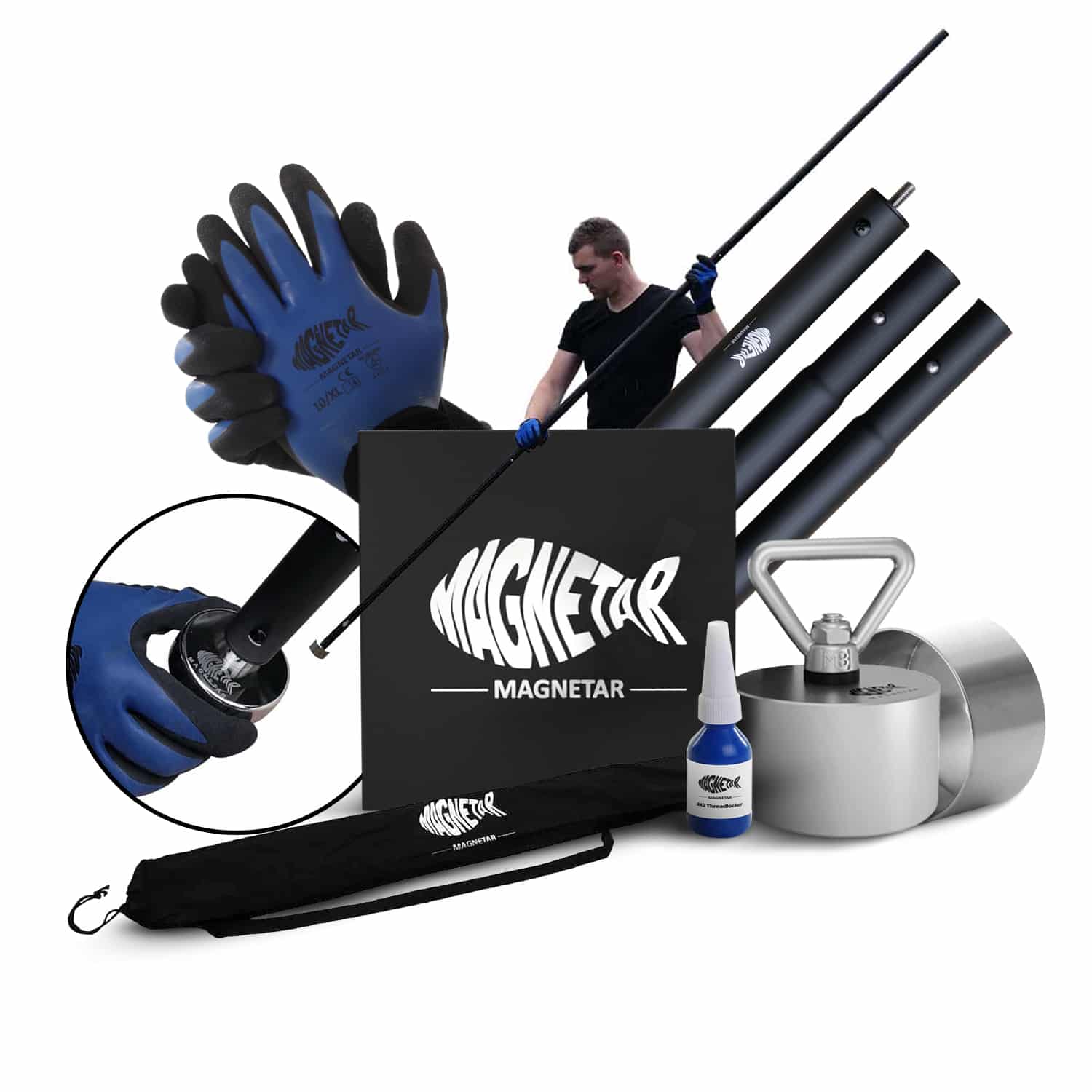 Magnetfischen Set mit Neodym-Magnet, teleskopierbarem Bergestab, Handschuhen und Zubehör – ideal für schwer erreichbare Fundstücke.