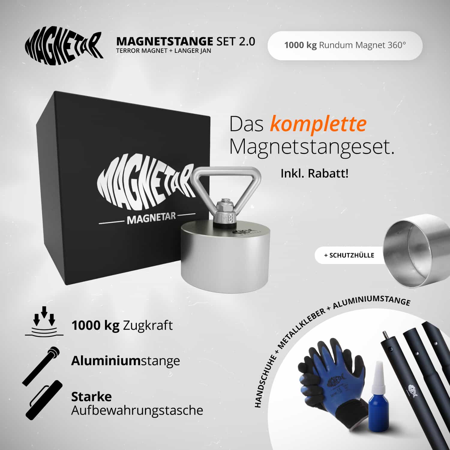 Magnetstange Set 2.0 mit 1000 kg 360° Neodym-Magnet, Aluminiumstange, Schutzhülle, Handschuhen und Tasche – für Profi-Magnetangler und schwere Bergungen.