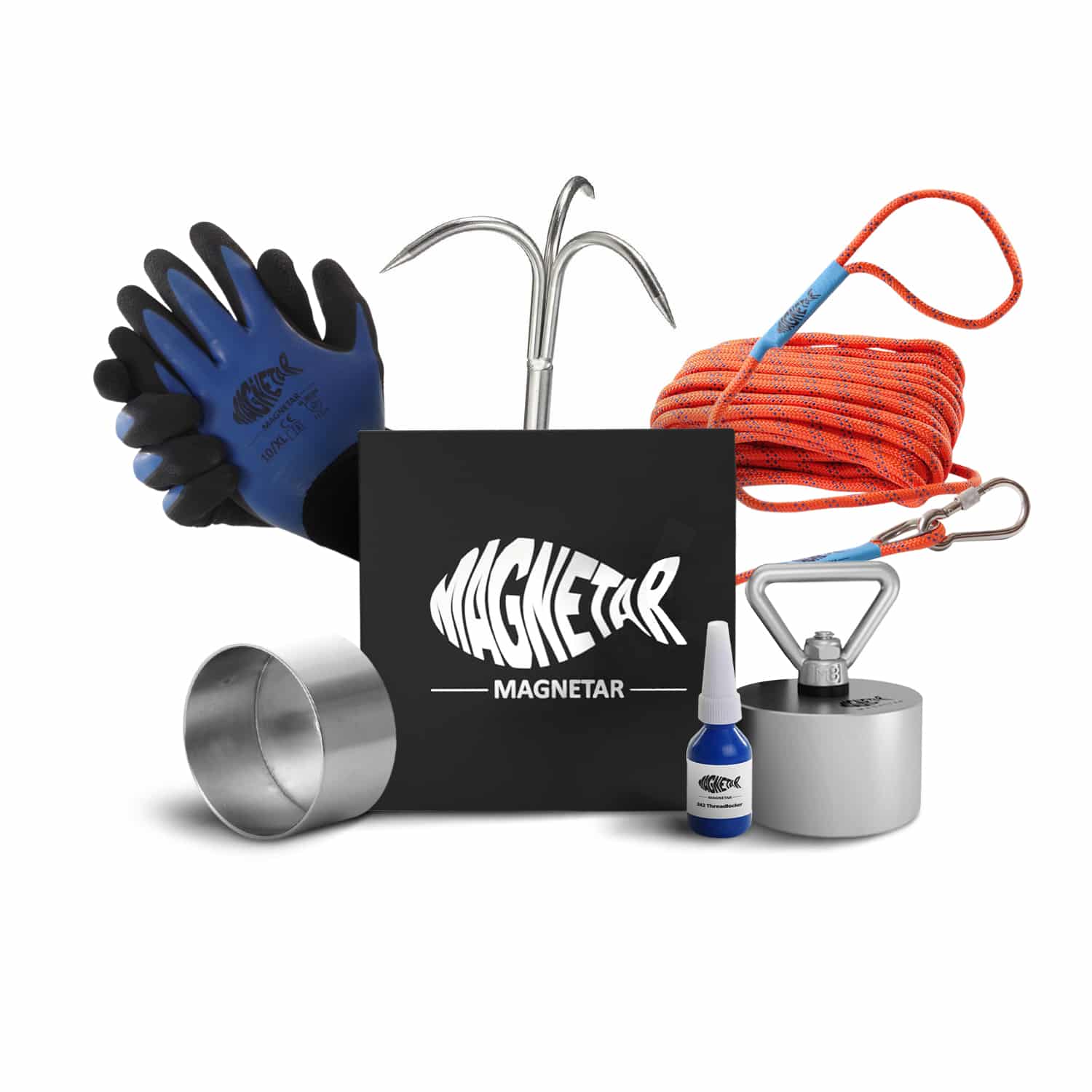 Magnetfischen Set mit Neodym-Magnet, 4-Zinken-Greifhaken, 20 m Seil, Handschuhen und Zubehör – ideal für Hobby und Schatzsuche.
