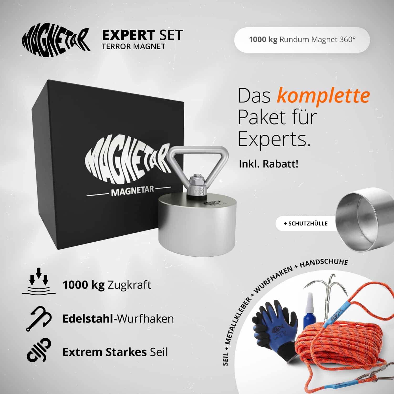 Expert Magnetfischen Set mit 1000 kg 360° Neodym-Magnet, Edelstahl-Wurfhaken, starkem Seil, Handschuhen und Schutzhülle – ideal für fortgeschrittene Magnetangler.