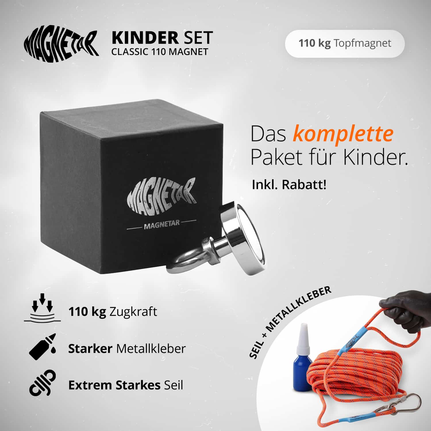 Kinder Magnetfischen Set mit 110 kg Topfmagnet, starkem Seil und Metallkleber – sicheres Starterpaket für junge Entdecker.