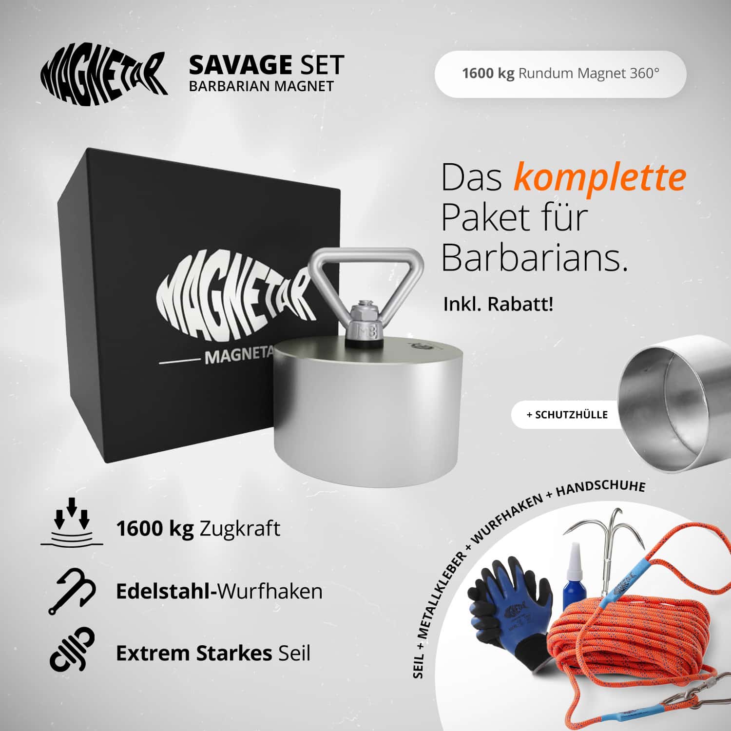 Set mit 360° Neodym Rundmagnet 1600 kg, Edelstahl-Wurfhaken, starkem Seil, Schutzhülle und Handschuhen für Magnetfischen.