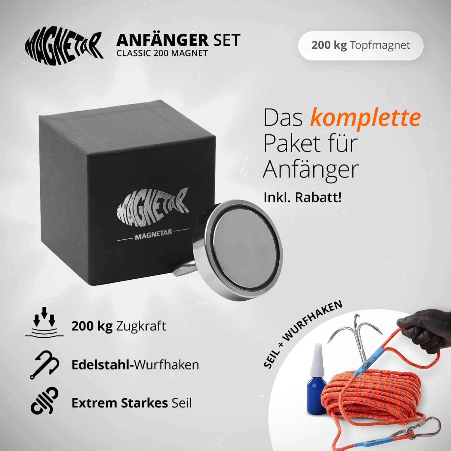 Anfänger Magnetfischen Set mit 200 kg Topfmagnet, Edelstahl-Wurfhaken, starkem Seil und Zubehör – ideales Starterpaket für Einsteiger.