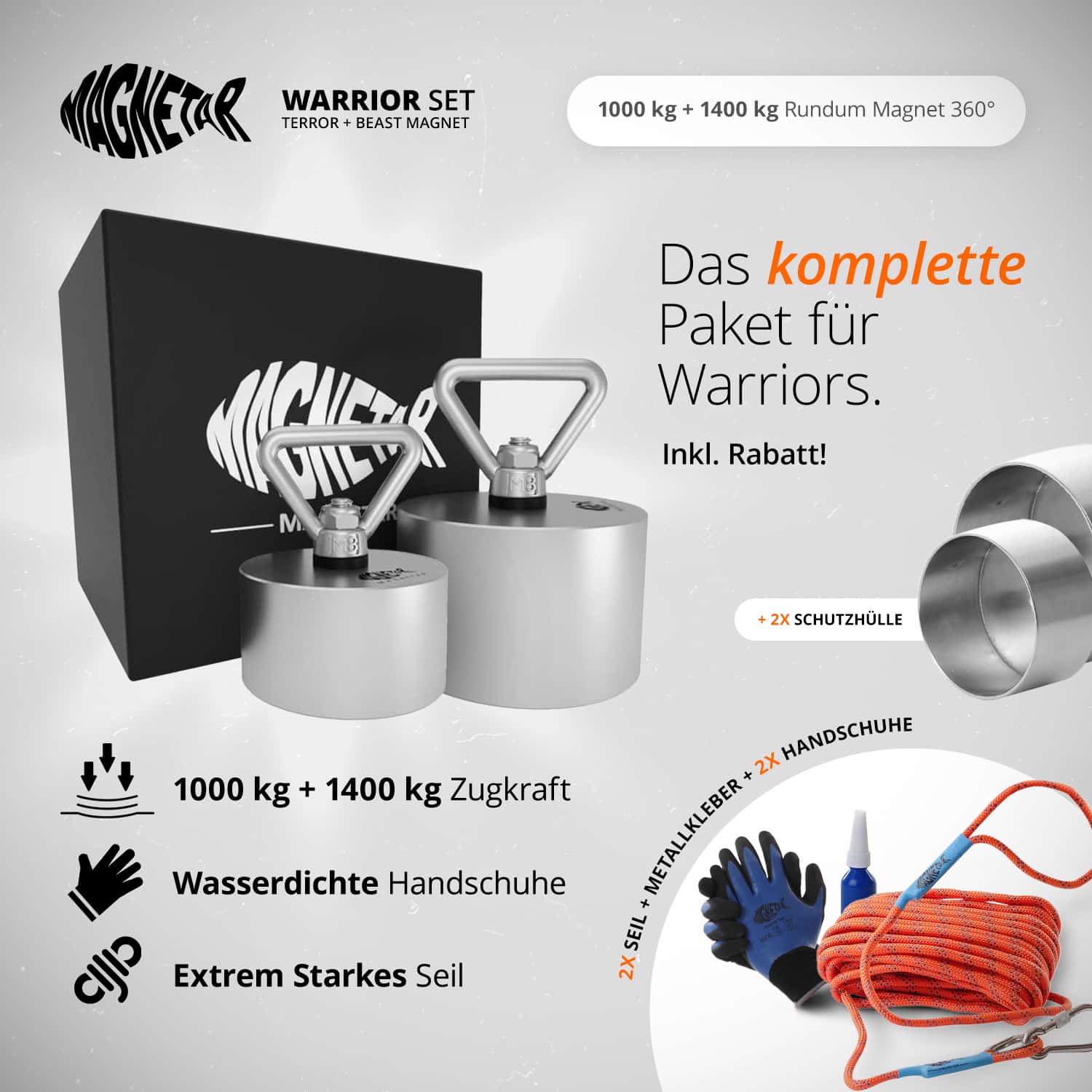 Warrior Set mit 360° Neodym Magneten (1000 kg & 1400 kg Zugkraft), starkem Seil, Schutzhüllen, Handschuhen und Zubehör fürs Magnetfischen.