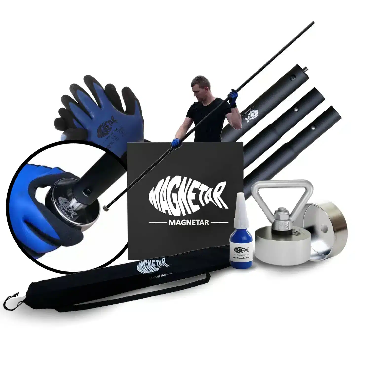 Produktfoto: Magnetfischen Komplett-Set mit teleskopischer Magnetstange, Neodym-Magnet, Handschuhen und Zubehör, ideal für schwer zugängliche Gewässer.